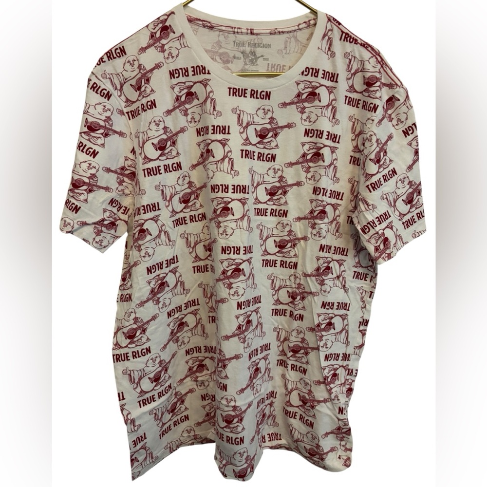 True Religion Men's Cream and Red Graphic Tee